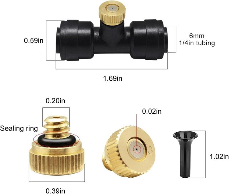Wexecon Brass & Black Misting Nozzles Kit - 20pcs Mister Nozzles & Tees with 2pcs Plugs for 1/4" Tubing and Outdoor Patio System - Image 2